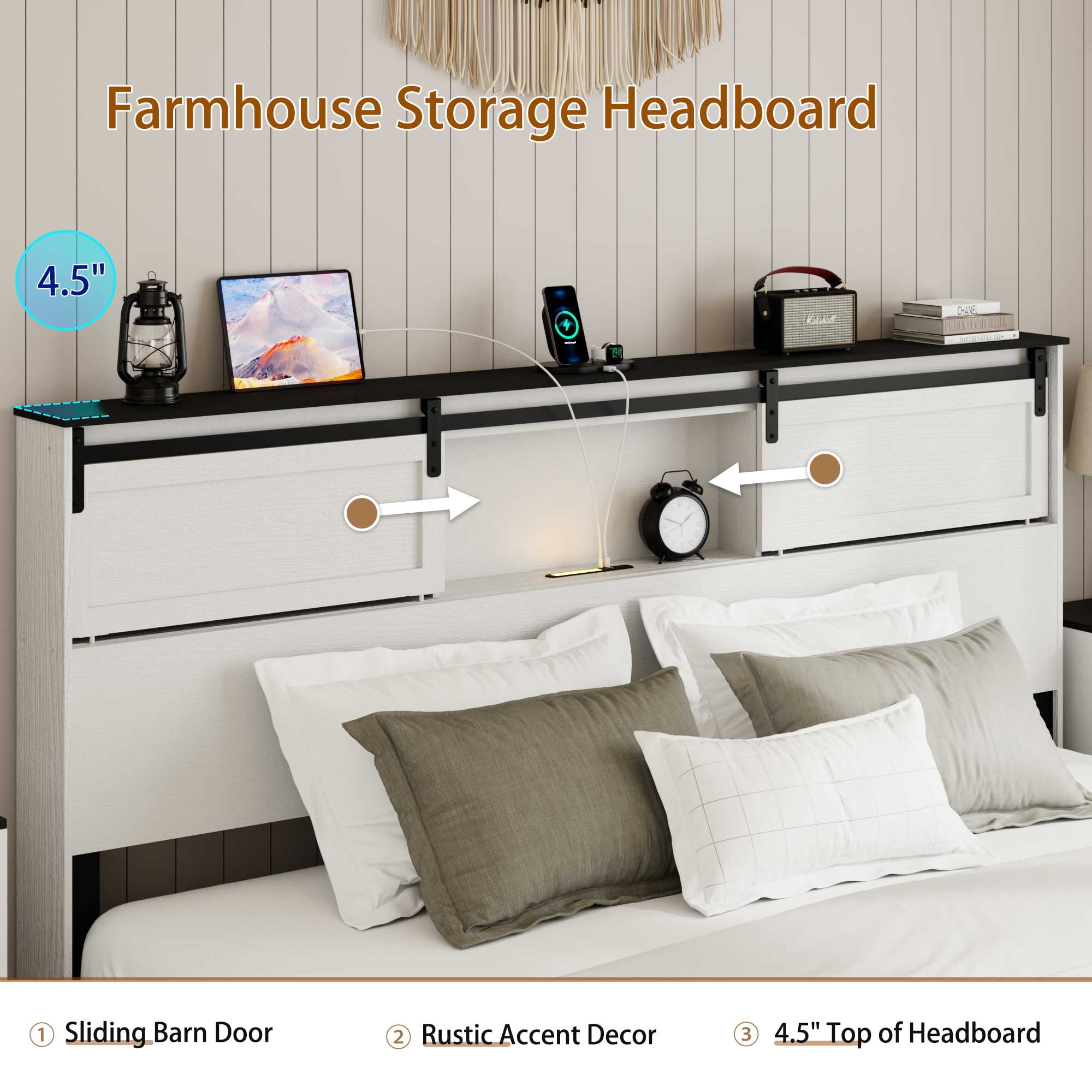 Yoneston King Size Bed with Wooden Slide Door Storage Headboard, Farmhouse Platform Bed Frame with Charging Station & LED, No Box Spring Needed, White