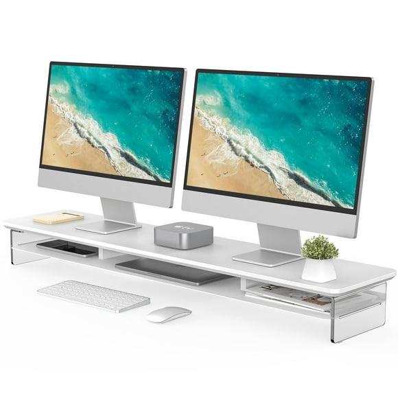 Fenge Acrylic Monitor Stand Riser, 42.5 Inches Acrylic Clear Dual Monitor Stand with Metal Storage, 2 Tier Acrylic Computer Riser for Desk, Clear Laptop Stand for PC, Laptop, Printer, TV