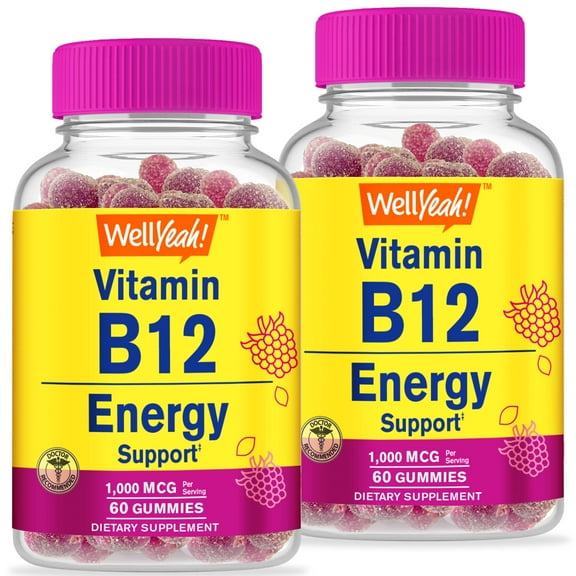 WellYeah Vitamin B12 1000mcg Gummies (2 Pack) - for Energy, Mood, Metabolism and Immune System Support - Vegan Friendly and Gluten-Free, GMO Free and Doctor Recommended - 60 Gummies