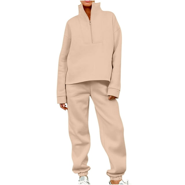 Timegard Ensembles 2 Pcs pour Femmes Col à Revers Fermeture Éclair Haut à Manches Longues Pantalon de Course Tenues Athlétiques d'Automne