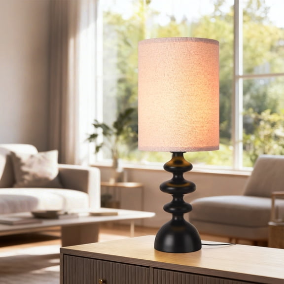 Black Small Modern Minimalist Table Lamp, Linen Fabric Shade Bedside Lamp for Bedroom, Nightstand, Living Room & Dorm