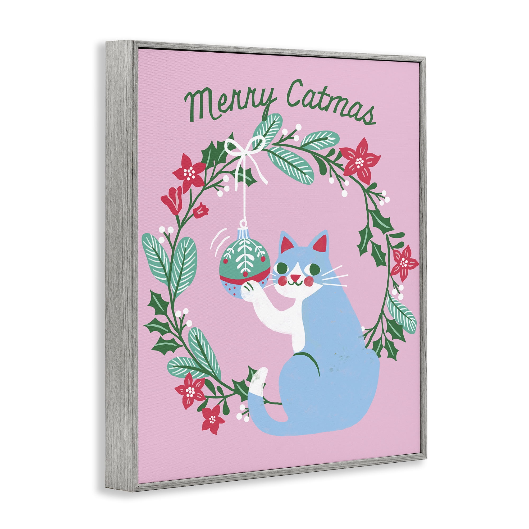 Stupell Industries Merry Christmas Pink Cat Holiday Painting Gray Framed Art Prints Wall Art, 24 x 30