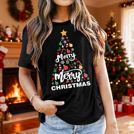 Active Tops Women Graphic Print Casual Tee for Everyday Wear with Round Neck Comfort for Moms and Family Matching Apparel Black M