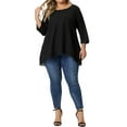 thumbnail image 2 of Unique Bargains Women's Plus Size Blouse Waffle Round Neck Lace Panel High Low Hem Tops 1X Black, 2 of 6