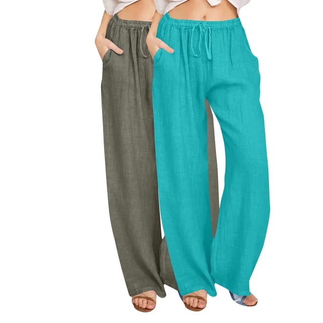 Enjoytime 2 Pack Wide Leg Pants Woman Solid Color Elastic Waist Plus Size Pants with Pockets Drawstring Lounge Loose Workout Womens Trousers Army Green L