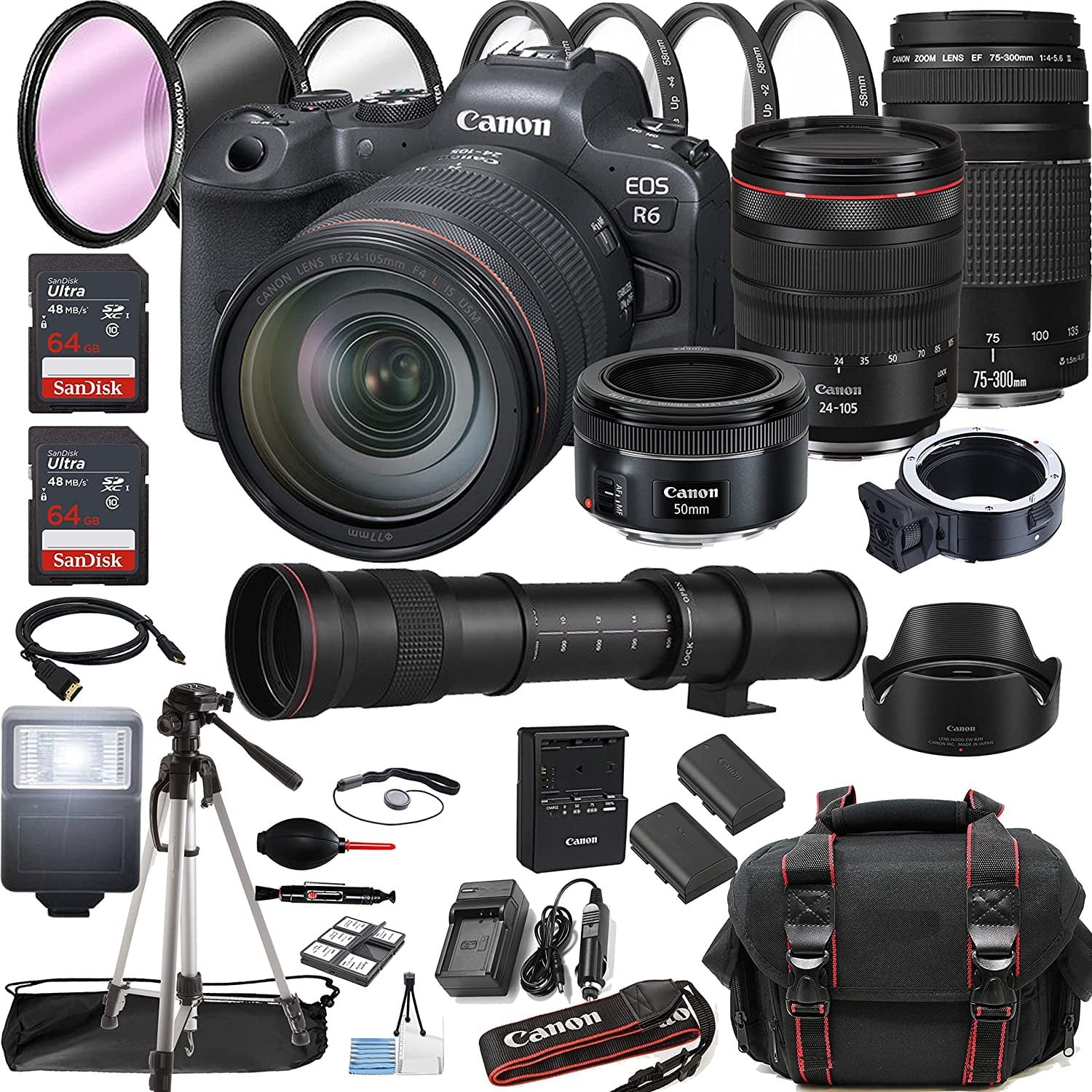 Canon EOS R6 Mirrorless Digital Camera with RF 24-105mm f/4 L is USM Lens + RF 100-400mm is USM Lens + 128GB Memory + Case + Tripod + Filters 41pc Bundle (International Version)
