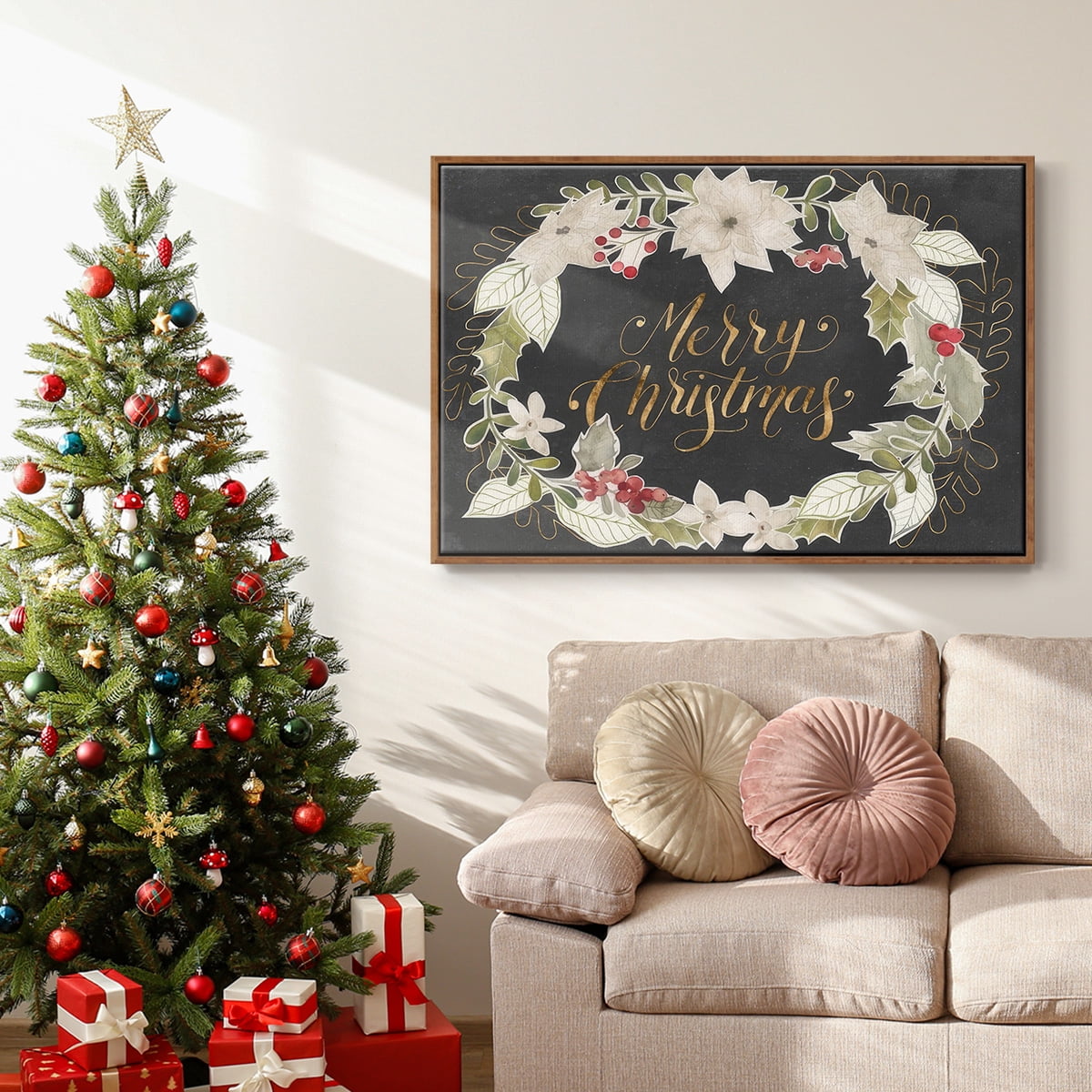 Gilded Christmas Collection A - Framed Gallery Wrapped Holiday Canvas - 25 x 37 - Rosewood Frame
