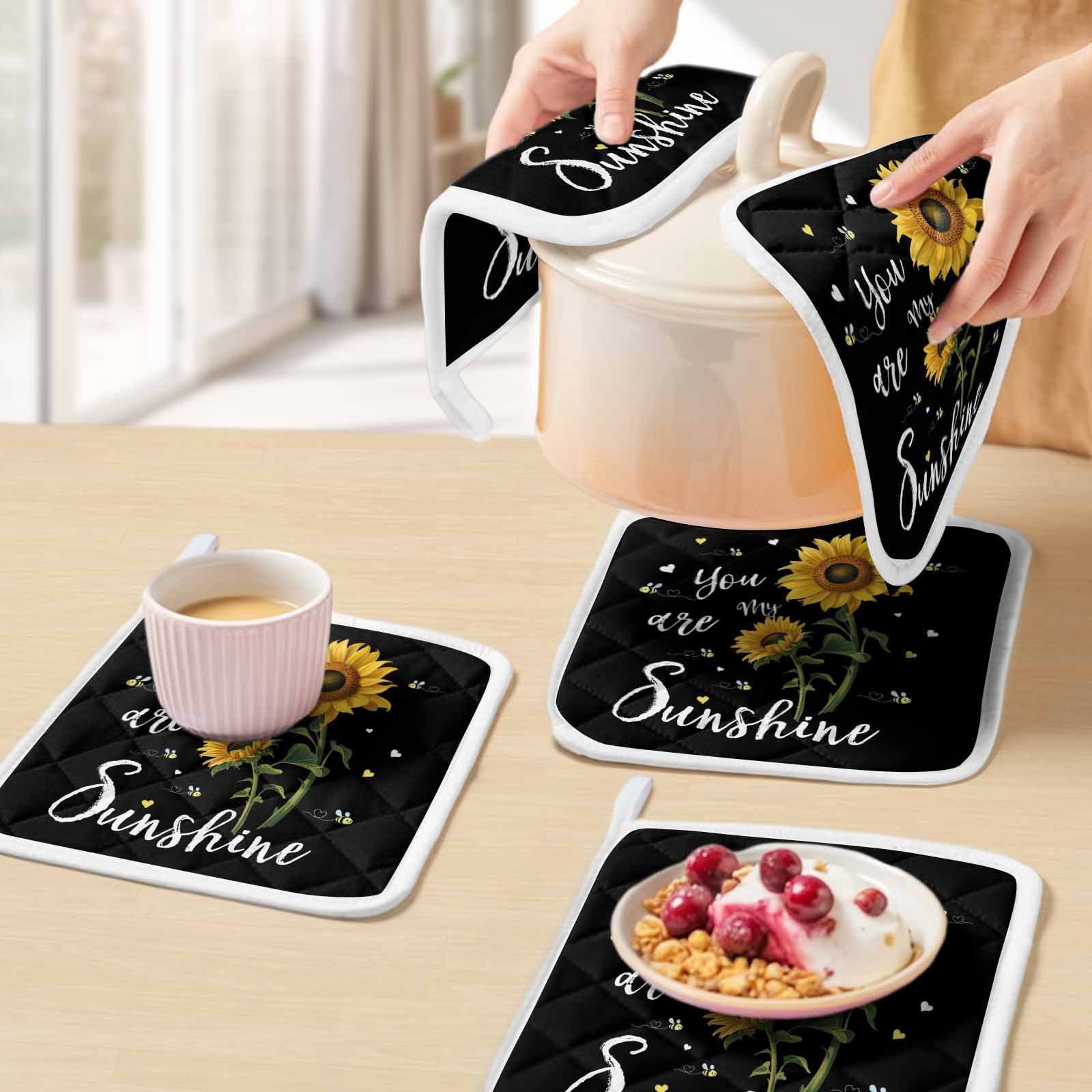 Yellow Sunflower Pot Holders for Kitchen Heatproof Potholder, 3 Pack Summer Flower Bee Sunshine Black Hot Pads Multipurpose Oven Pads Cloth Potholders Trivet for Cooking Baking
