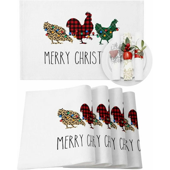 Christmas Placemats Set of 4 Buffalo Plaid Chicken Christmas Placemats for Dining Table Rooster Farm Table Mat Winter Holiday Home Party Kitchen Table Decorations
