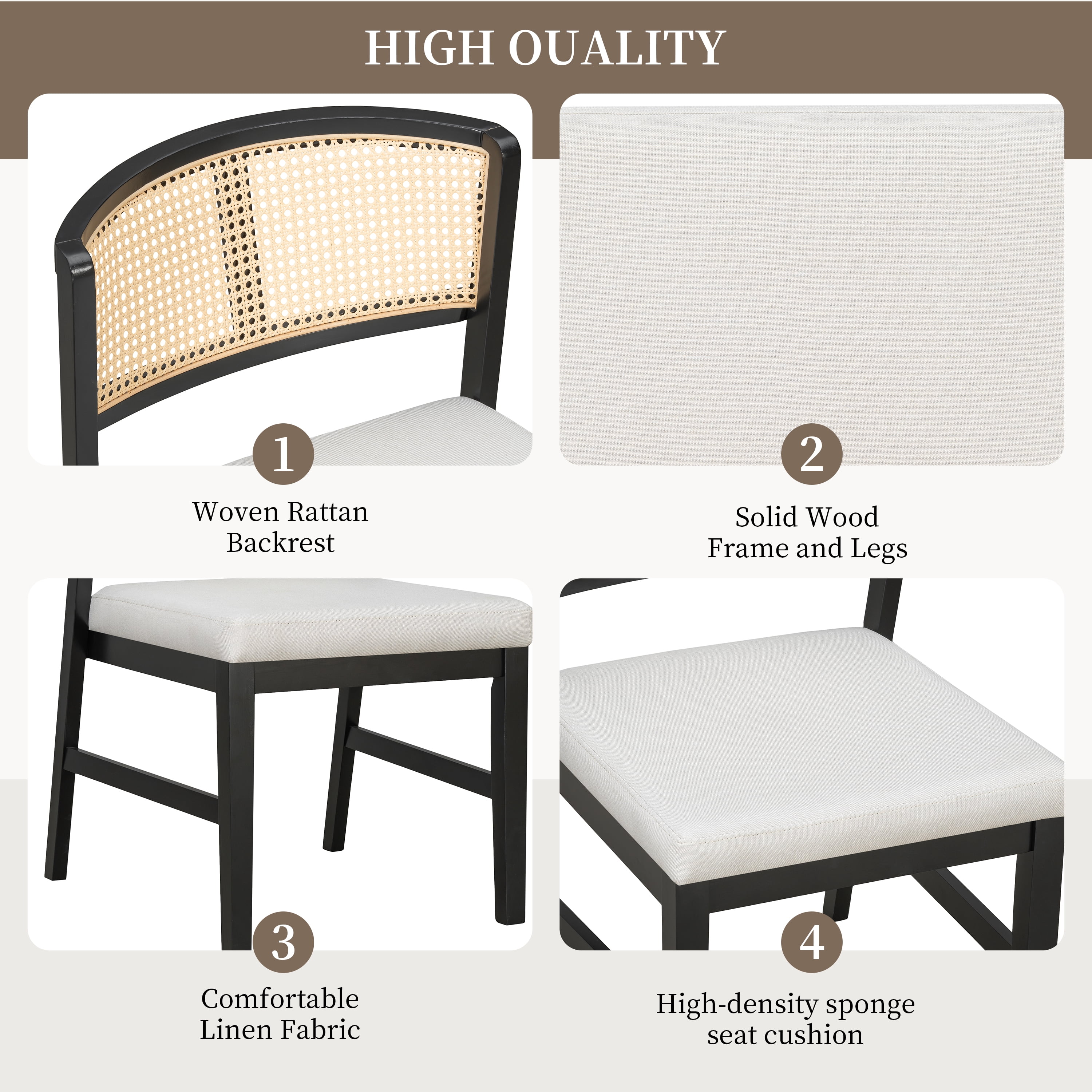 Dining Chair, Set of 2 Rattan Curved Backrest with Black Wood Frame and Beige Upholstered Seat, for Kitchen Dining Room Restaurant