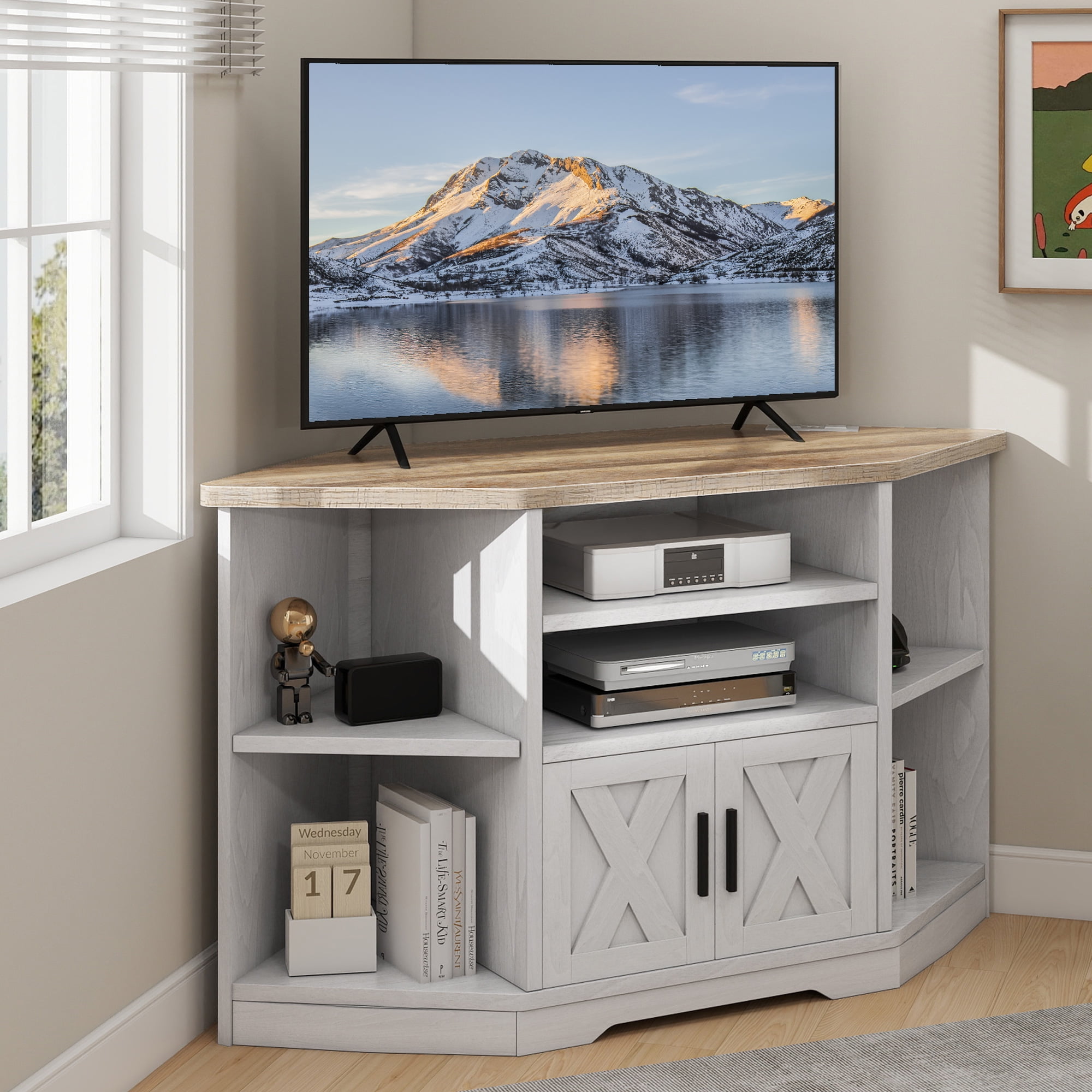 Uforic Farmhouse Corner TV Stand, 55', Power Outlet, Wood Entertainment Center, Storage, White