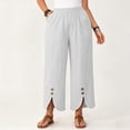 thumbnail image 6 of Thousandth Women's Cotton Linen Pants Casual Summer Elastic Waist Wide Leg Loose Fit Palazzo Pants Cropped Trousers with Button Decor and Slit Hem Daily Wear, 6 of 7