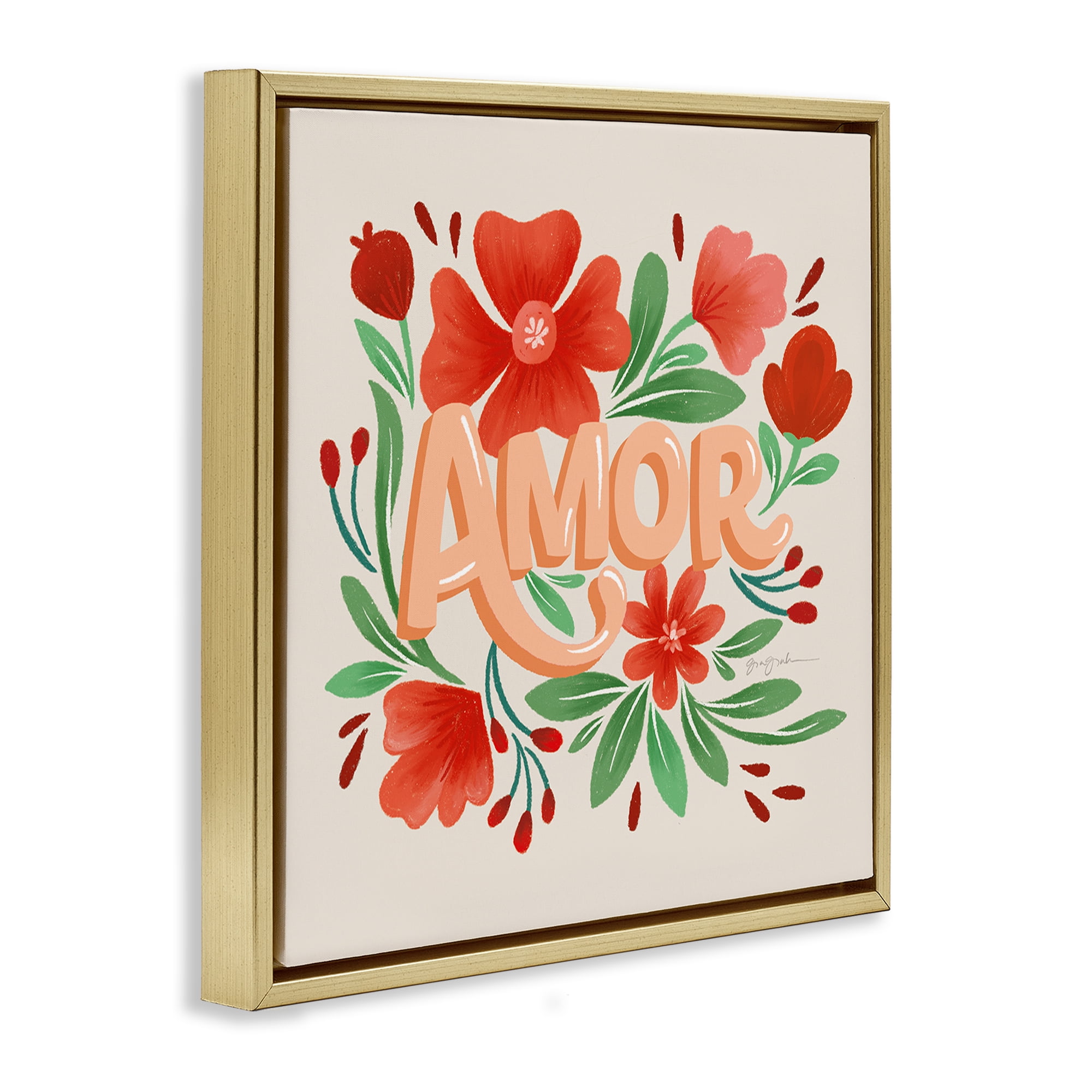 Stupell Industries Amor con Flores Rojas Floral & Botanical Painting Gold Floater Framed Art Print Wall Art, 25 x 25