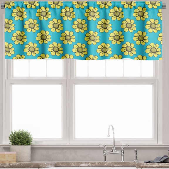 Ambesonne Floral Valance Pack of 2, Retro Yellow Daisy Flowers, 54"X12", Sky Blue Yellow Dark Grey
