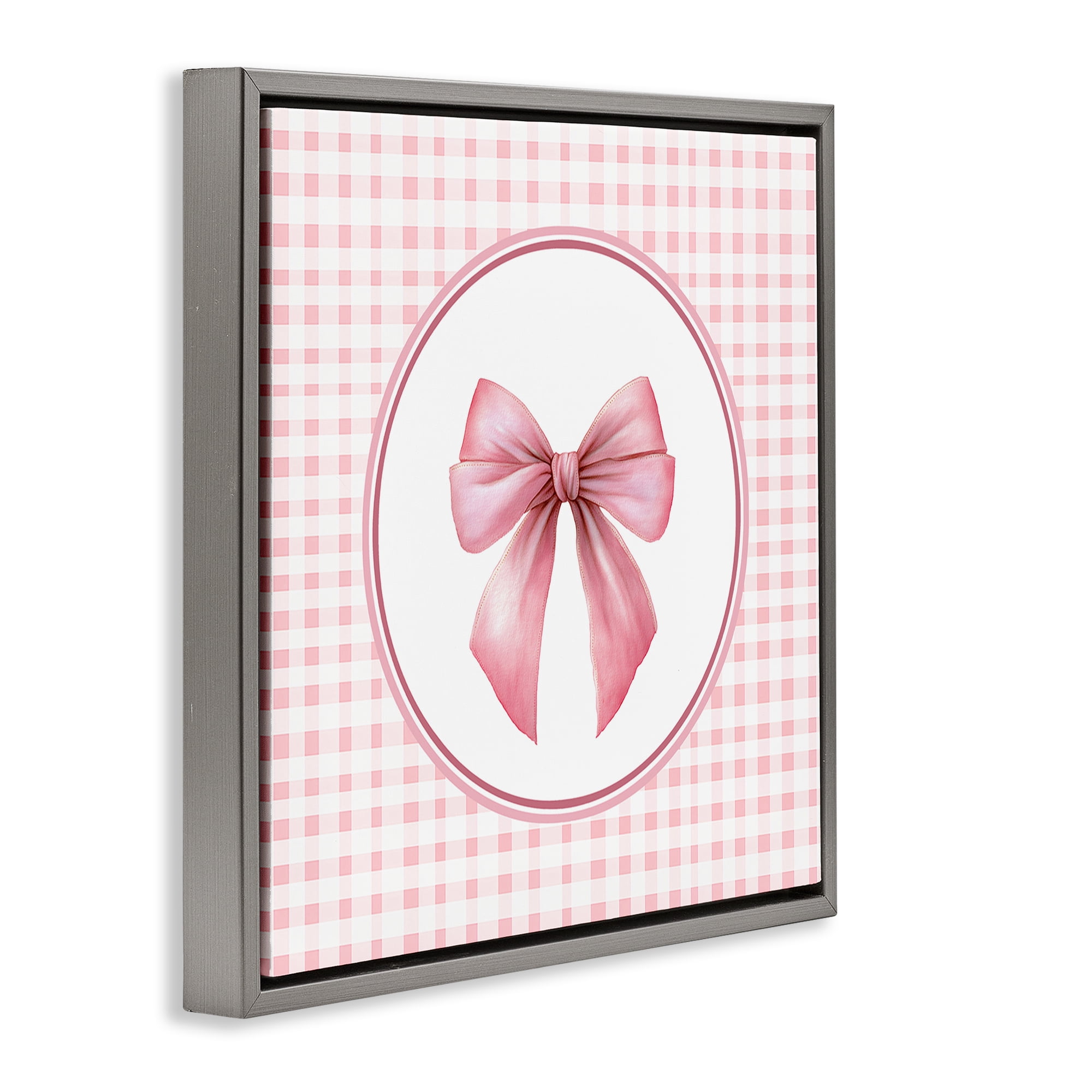 Stupell Industries Pink Bow with Circular Gingham Gray Framed Floater Canvas Wall Art, design by Christine Simpson Art