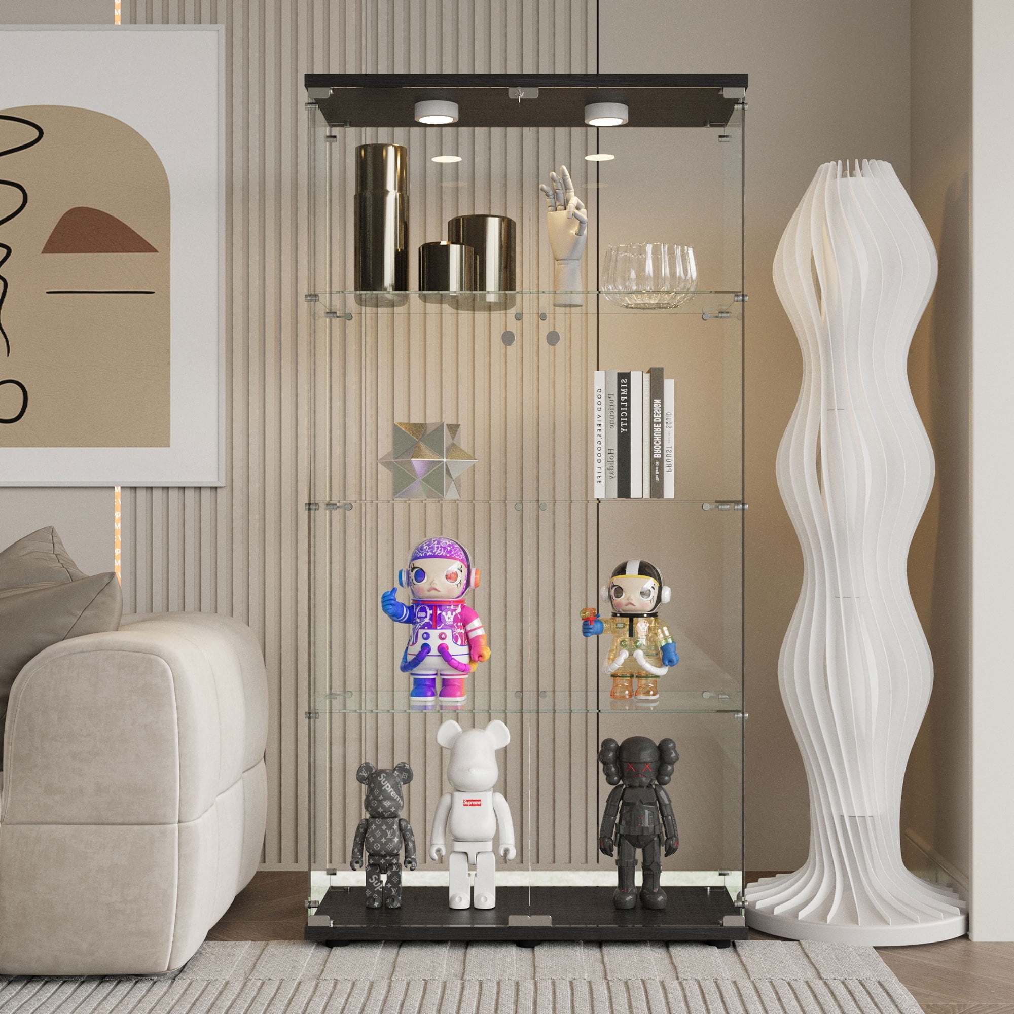 65" Display Cabinet with Glass Doors,4-Tier Curio Cabinet & Bookshelf,Storage Cabinet with LED,Collection Showcase for Living Room Bedroom Office,Black