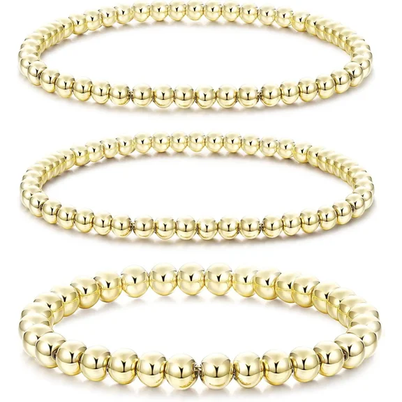 Cterwk 3PCS 14K Gold Plated Bead Ball Bracelet for Women, Stackable Adjustable Elastic Beaded Bracelet