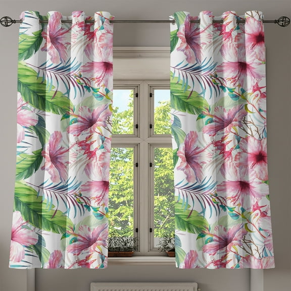 Ambesonne Hibiscus Grommet Curtain, Exotics Feel Flowers Boho, 50"x60", Fern Green Pastel Pink