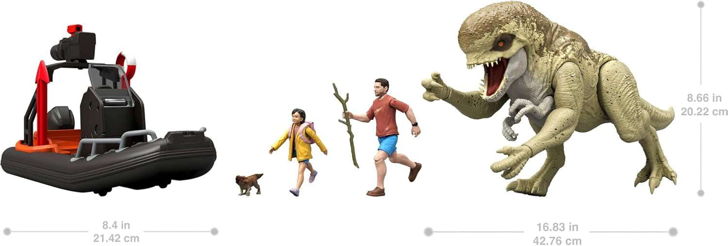 Jurassic World Rebirth Distortus Rex Island Escape Action Figure Set by Mattel – Dinosaur Toy Playset with Boat and Human Figures for Kids Ages 4+
