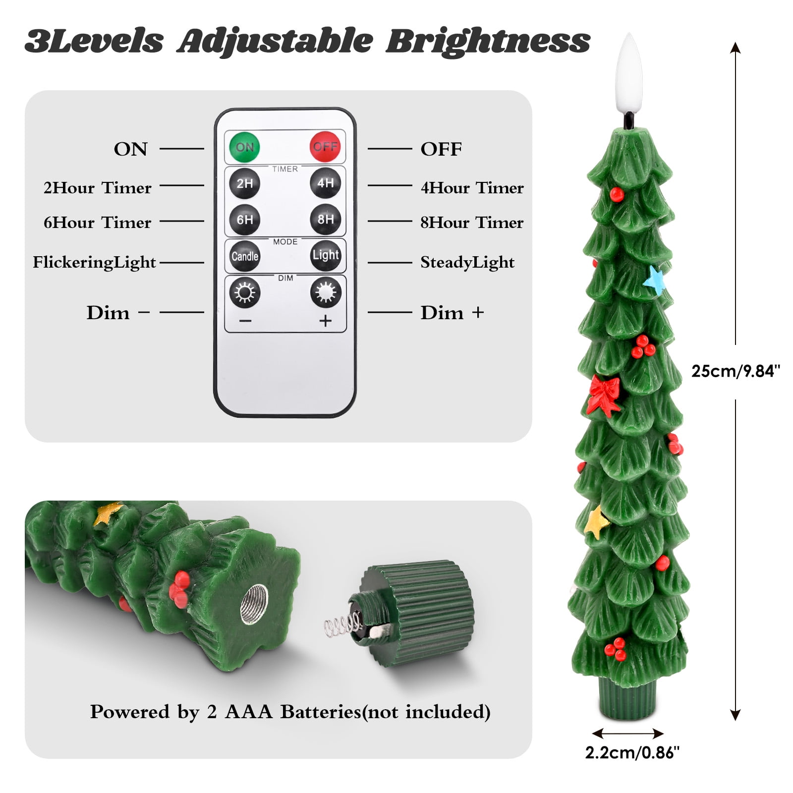 Christmas Tree Flameless Candles with Remote and Timer, Real Wax Battery Operated 3D Wick LED Taper Candles Flameless Flickering Candles for Christmas Holiday Decor(4 PCS)