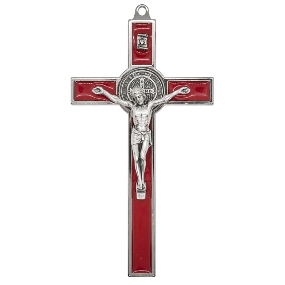 5.25 Silver-Tone St. Benedict Crucifix with Red Enamel Inlays