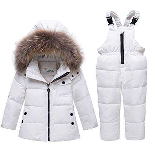 Kids Ski Suits 2-Piece Snowsuit Set Winter Hooded Puffer Jacket + Snow Bib Pants Ultralight Skisuit Set, White 18-24 Months