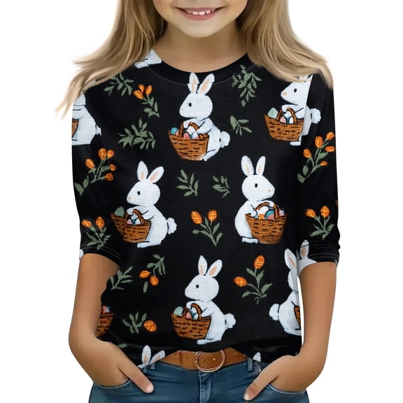 T-Shirts for Girls Ages 4-12 Easter Bunny & Egg Print 3/4 Sleeve Round Neck Spring 2026 Tops Black 110