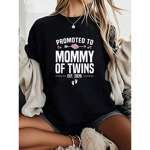 Retro Promoted to Mommy of Twins EST 2026 Graphic Tee Shirt for Women, Cute Motherhood Announcement Apparel, Funny New Mom Life Outfit, Comfortable Maternity Pregnancy Reveal Top