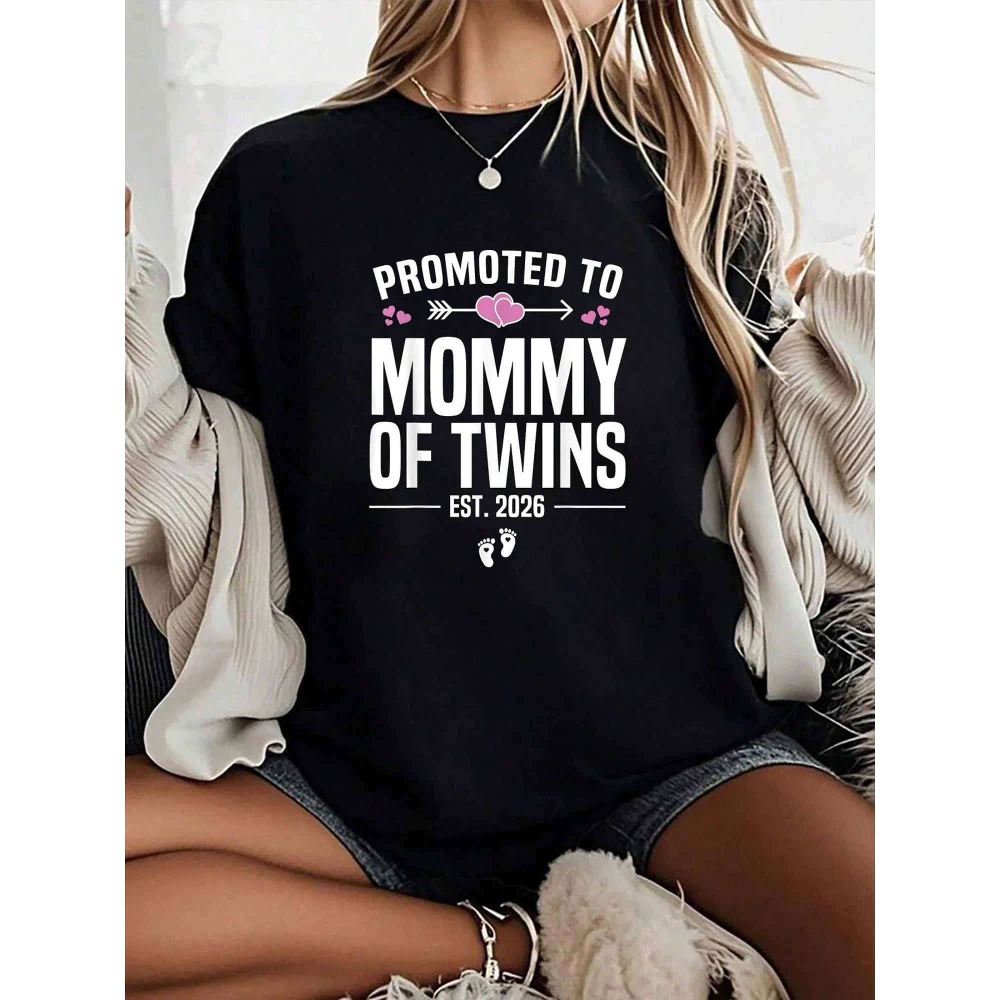 Retro Promoted to Mommy of Twins EST 2026 Graphic Tee Shirt for Women, Cute Motherhood Announcement Apparel, Funny New Mom Life Outfit, Comfortable Maternity Pregnancy Reveal Top