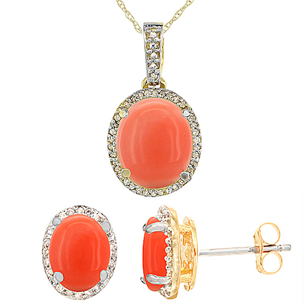 10K Yellow Gold Natural Oval Coral Earrings & Pendant Set Diamond Accents by WorldJewels