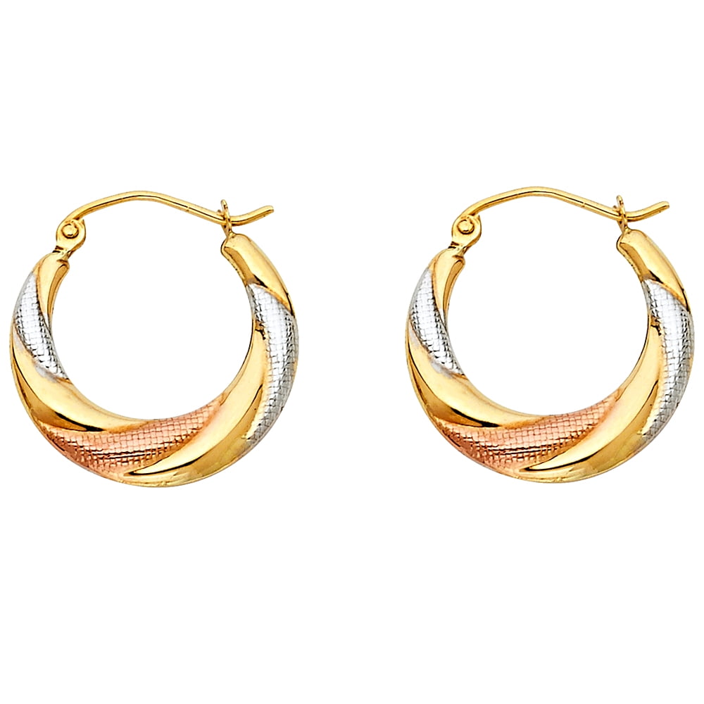Solid 14K Yellow Gold Tri-color Fancy Hollow Hoop Earrings 