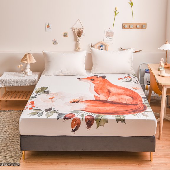 Move Over Cartoon Single Fitted Sheet King, Red Fox Sheet Only, Cartoon Fox Pattern, Microfiber Deep Pocket Fitted up to 16"