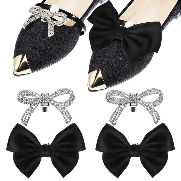 BESTOYARD Shoe Clips For Women Dress Shoes 4 Pack Bow Clips Rhinestone Satin Fashionable Decorative For Heels Flats