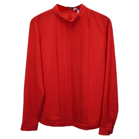 Pre-Owned Boss Pleated Mock-Neck Top in Red Polyester