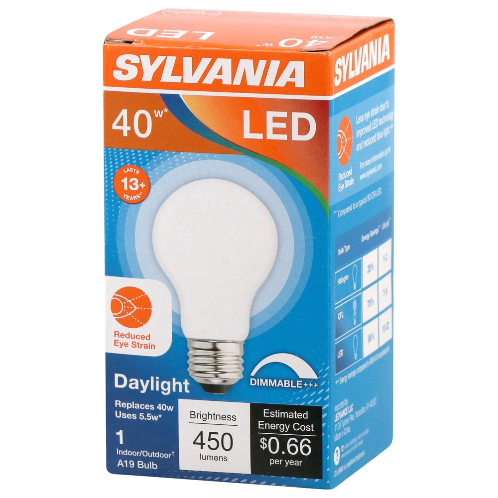 Sylvania LED A19 Reduced Eye Strain Light Bulb, 40W, Dim, Daylight,1Pk