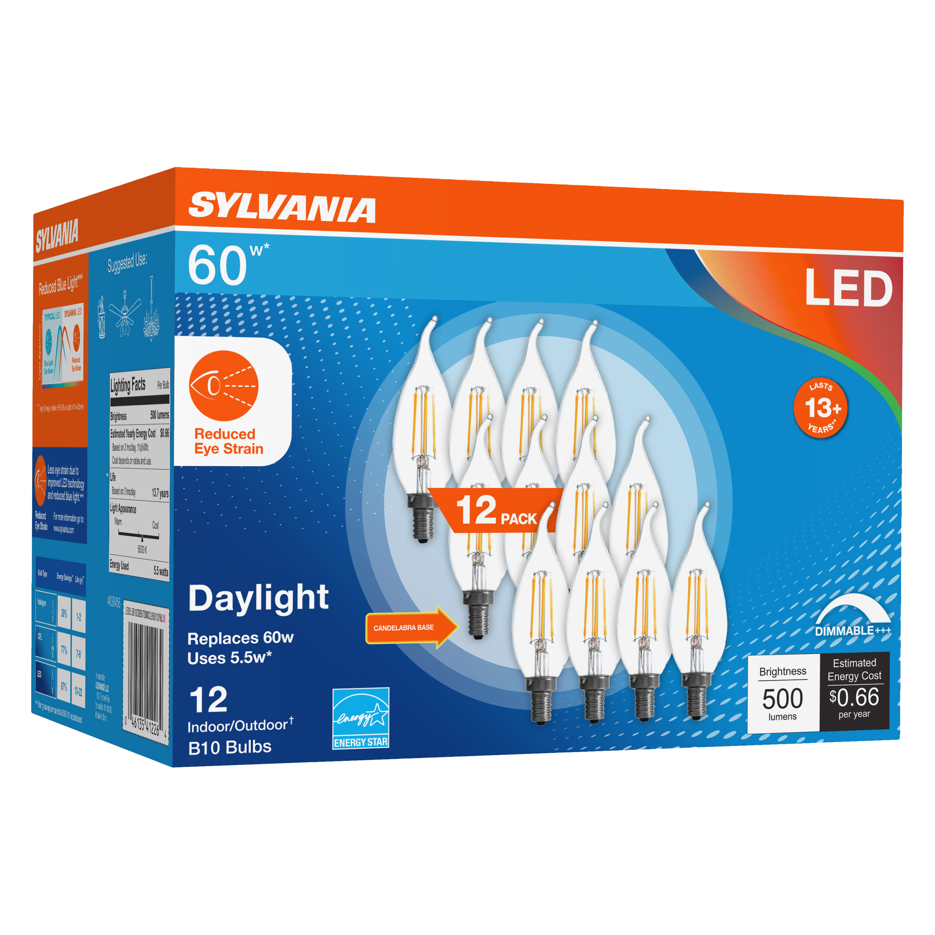 Sylvania LED Reduced Eye Strain B10 Light Bulb, 60W, Candelabra, Dim, Daylight, 12 Pack