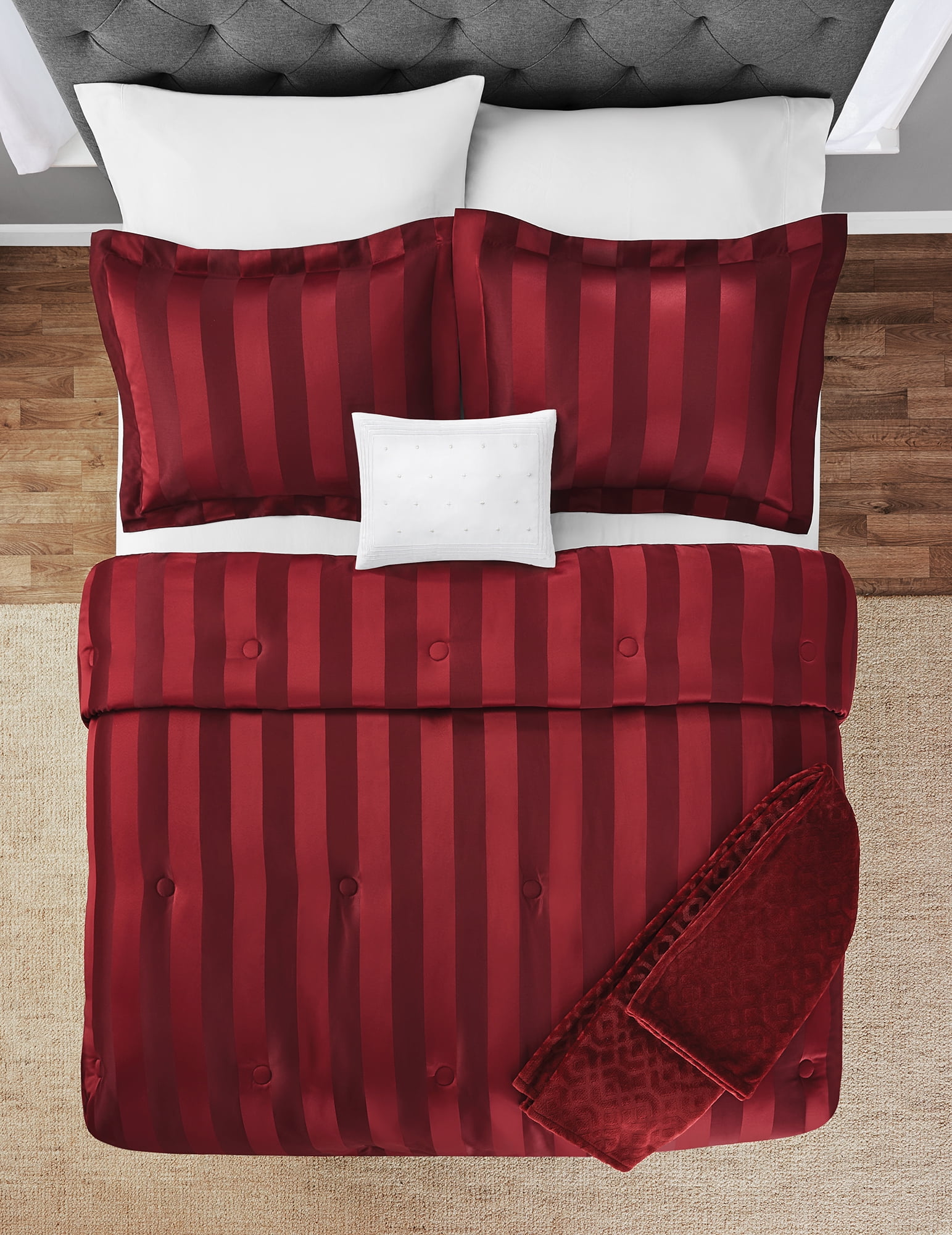 Mainstays Luscious Merlot 5 Piece Damask Stripe Comforter Set, King, Adult, Unisex