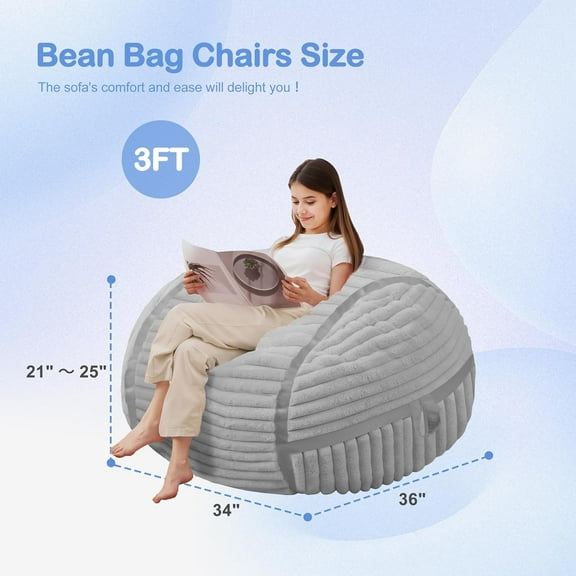Bean Bag Chair 3FT Big Bean Bag Chairs for Adults with Memory Foam Filled,3'Beanbag Chair with Soft Faux Fur Cover,Comfy Bean Bag Sofa for Classroom,Living Room,Game Room,Bedroom-Light Grey
