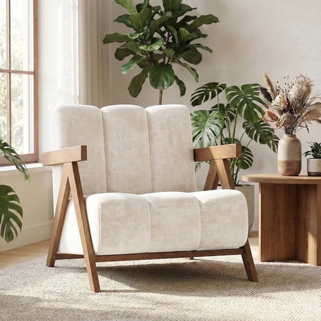 Modern Accent Chair for Living Room Bedroom,Comfy Chenille Reading Chair with Wood Frame,Upholstered Lounge Armchair with Thick High-Elastic Sponge for Apartment & Waiting Room,White