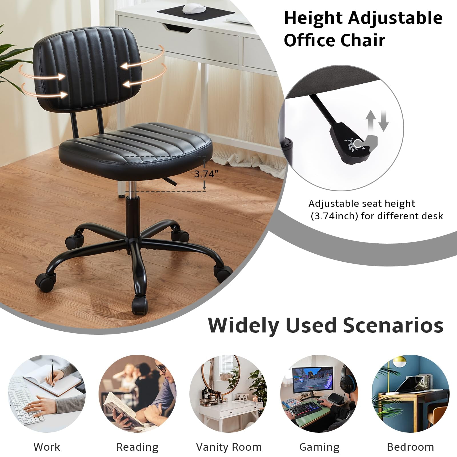 edx Adjustable Height Armless Office Desk Chair with Wheels, PU Leather Mid Back 360°Swivel Small Computer Chair, Modern Task Chair for Home Office Reading Meeting Room, Black