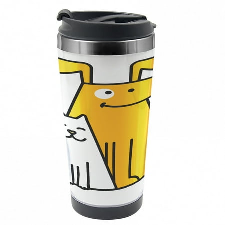 

Cartoon Travel Mug Cats and Dogs Friends Steel Thermal Cup 16 oz by Ambesonne