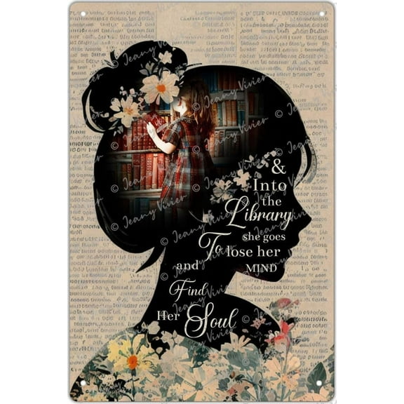 Vintage Metal Tin Sign Books Into The Library Vertical Poster, Girl Love Books Vintage Wall Art, Book Lover, Book Dictionary Poster Metal Tin Sign, Gift for Christmas 5.5x8 Inch