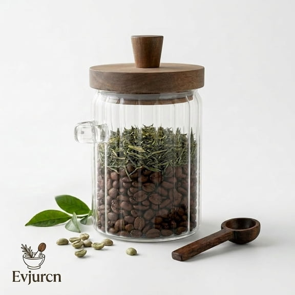 20oz Glass Jar with Airtight Wooden Lid and Spoon, Thickened Glass Storage Canister for Coffee Bar and Pantry Organization, Clear