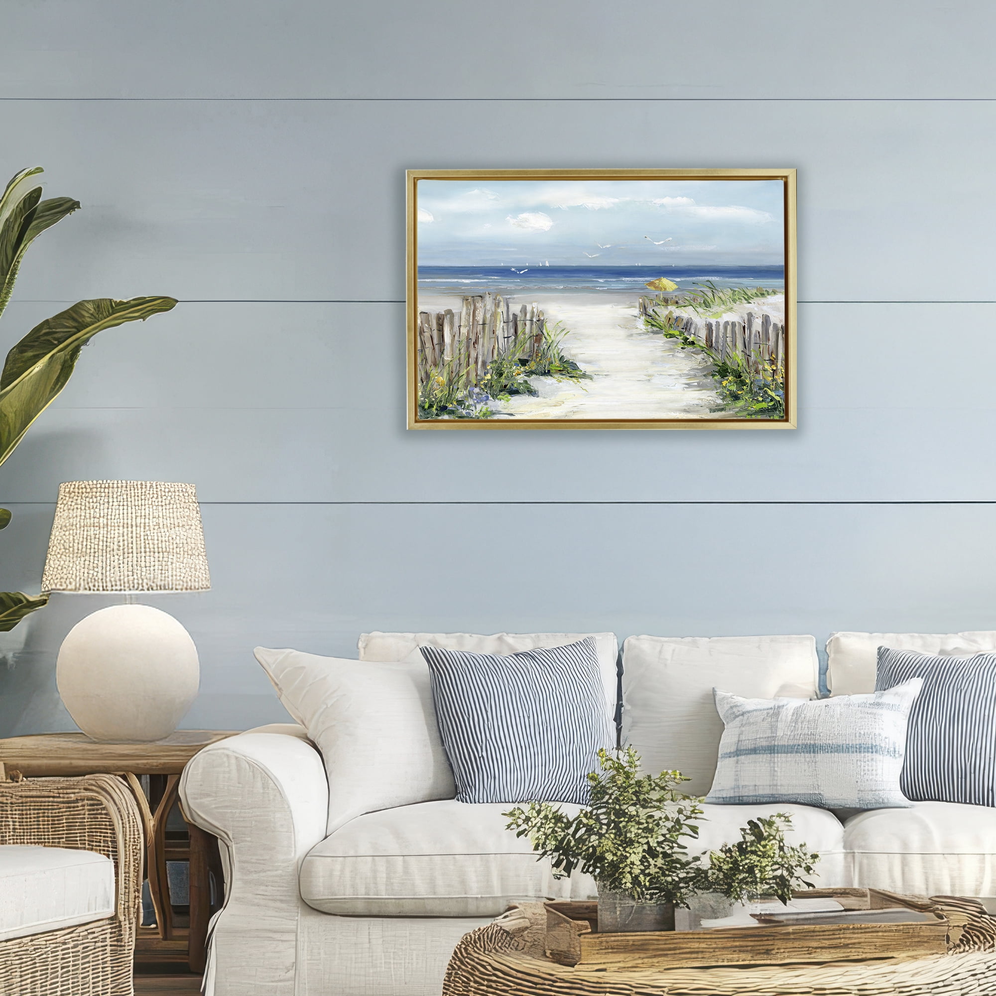 Stupell Industries Sunlit Dune Path To Ocean Gold Framed Floater Canvas Wall Art, design by Sally Swatland