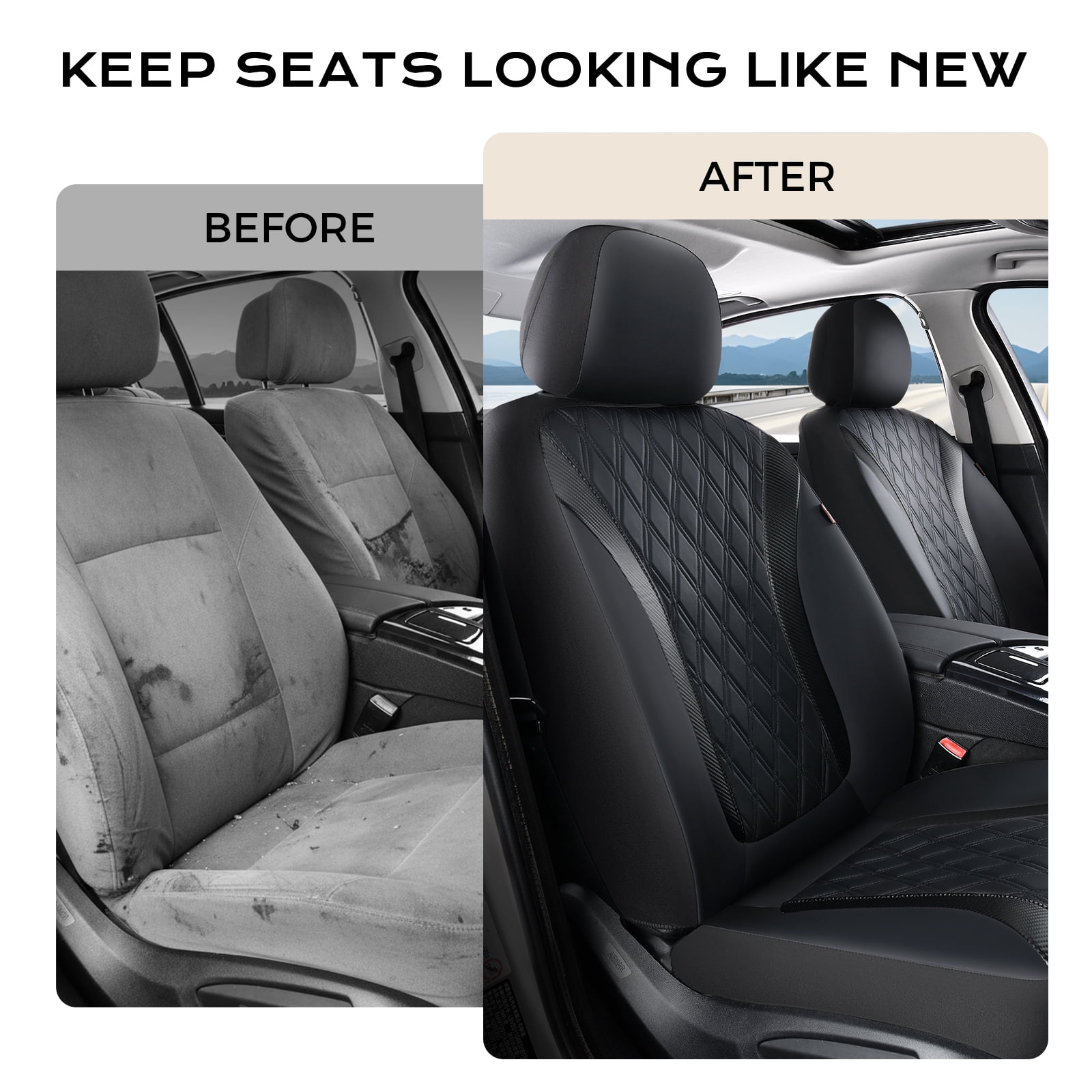 Coverado Car Seat Covers, Faux Leather with Carbon Fiber Front Car Seat Protectors, 4 Pieces Universal Fit for Most Cars SUV Trucks, Black