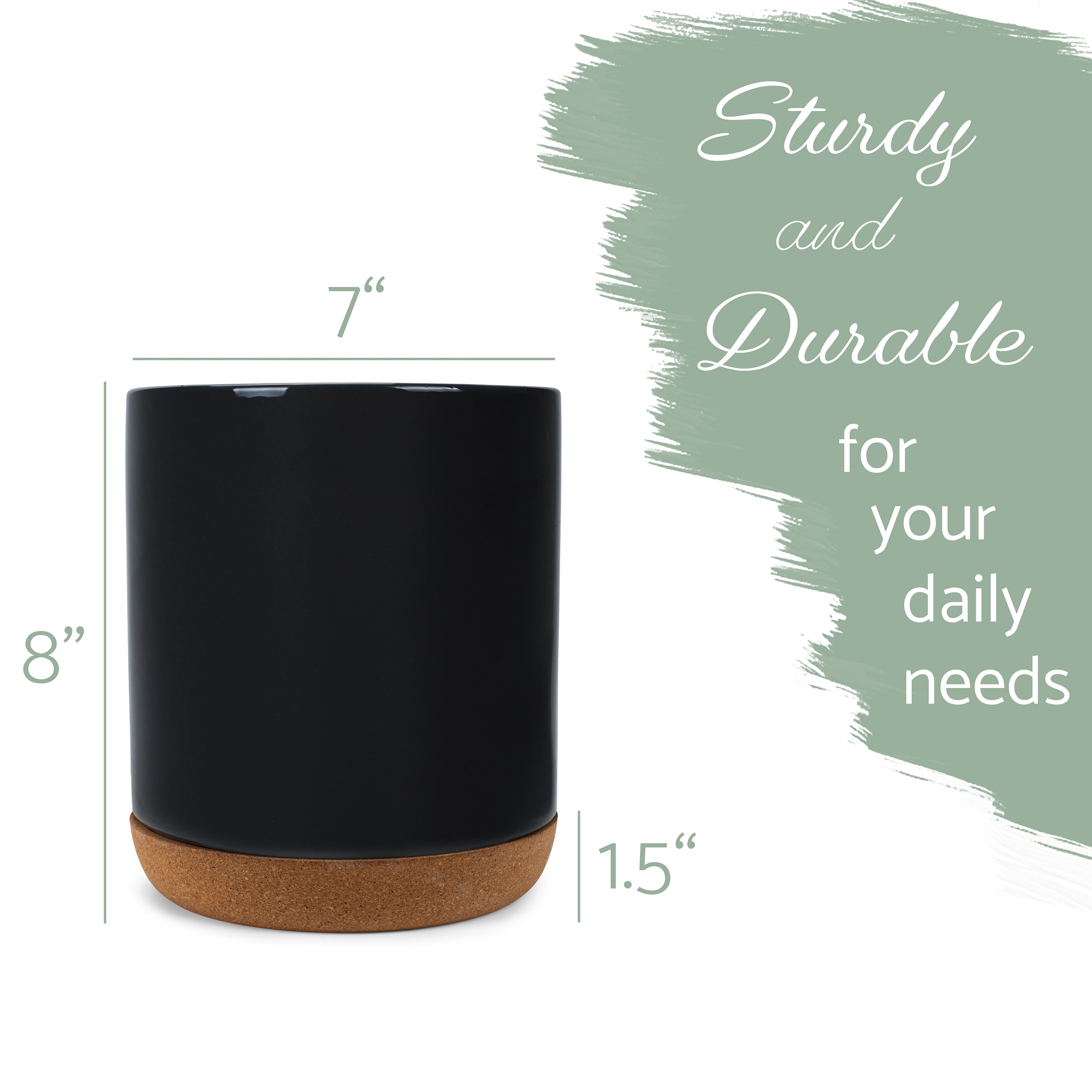 Glossy X-Large Ceramic Stoneware Cork Bottom Kitchen Utensil Holder, Black
