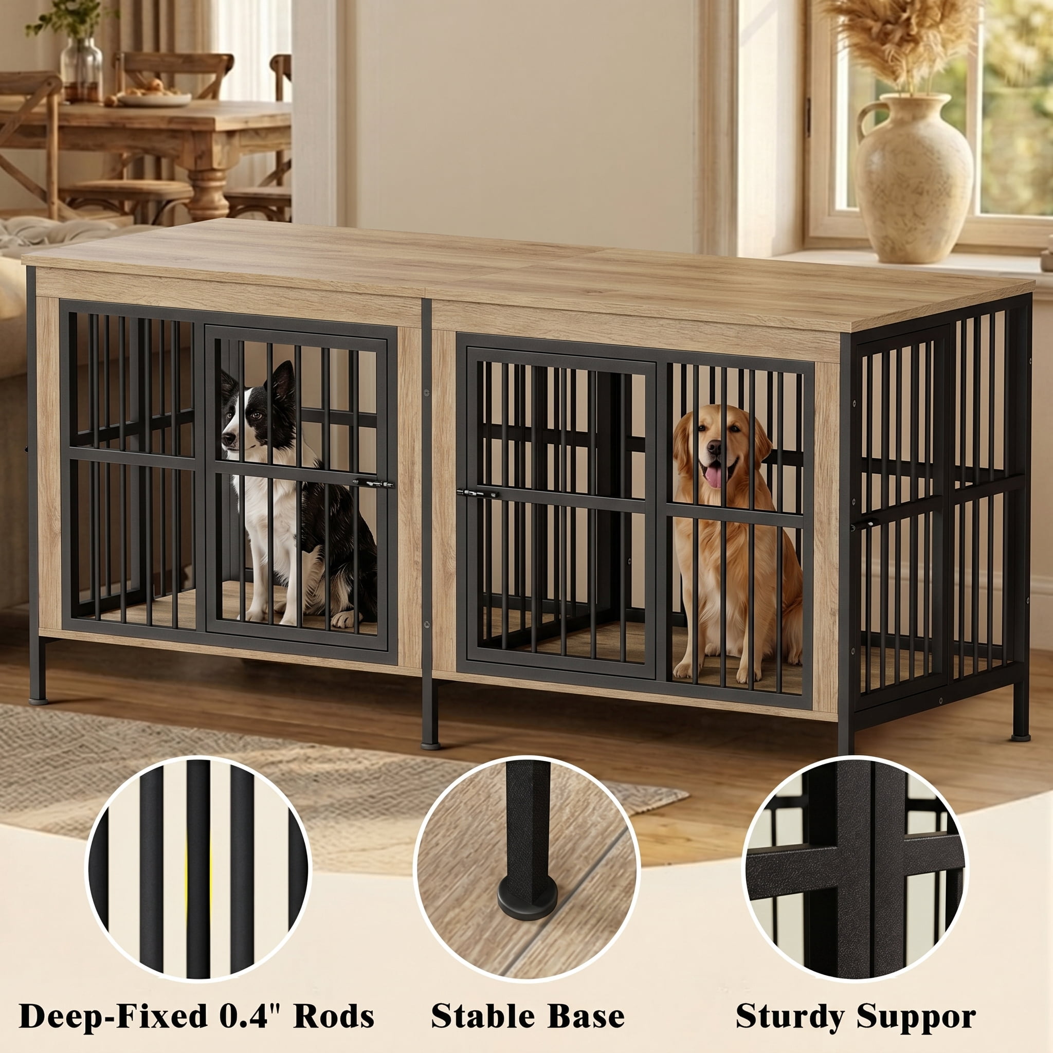 YOKWOK 78 Inch Dog Crate Furniture for Large Dogs with Removable Divider, Double-Doors Dog Kennel Furniture, Thick Wooden Dog Cage Furniture, Ivory