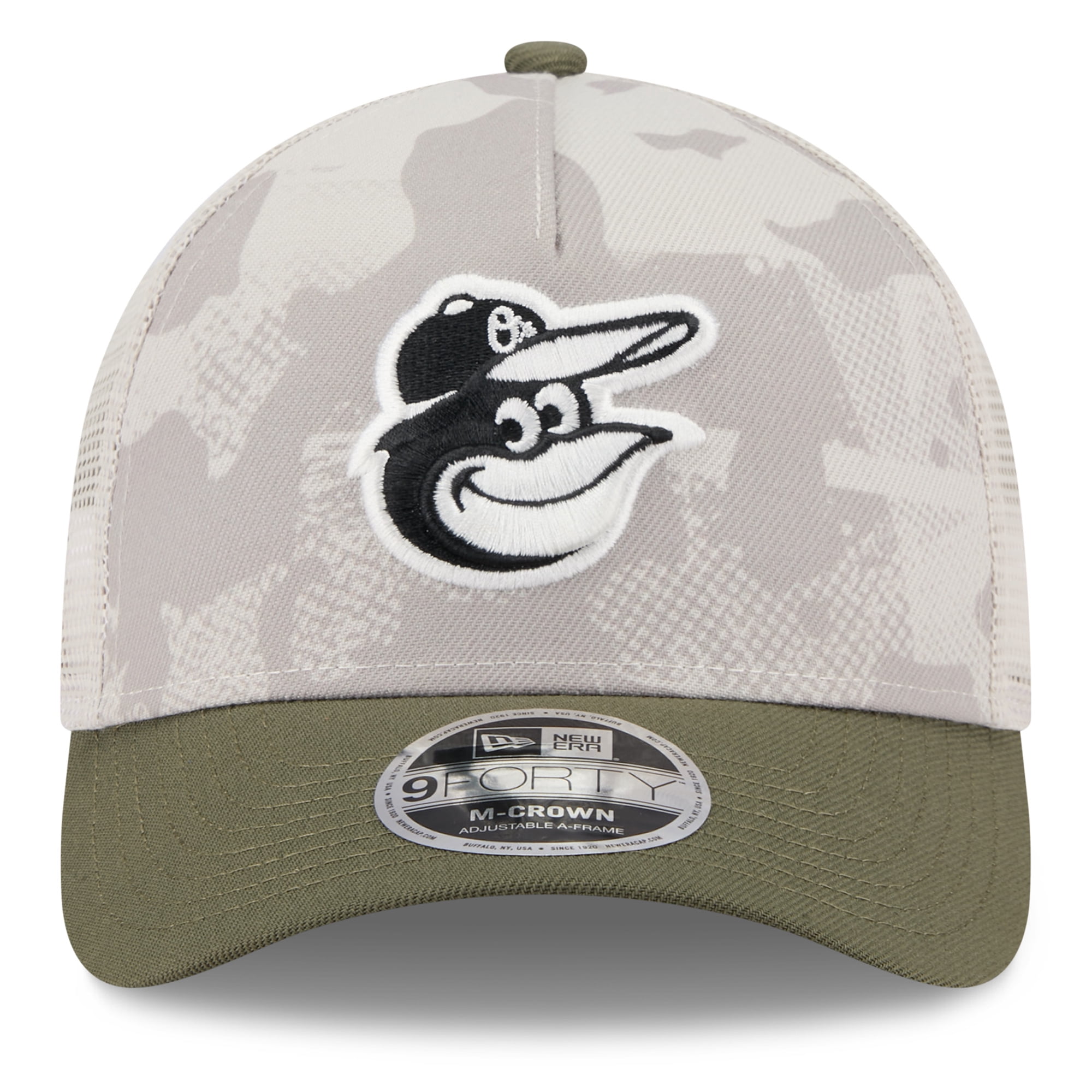 Men's New Era Light Beige/Olive Baltimore Orioles 2025 Armed Forces Day 9FORTY M-Crown A-Frame Adjustable Hat