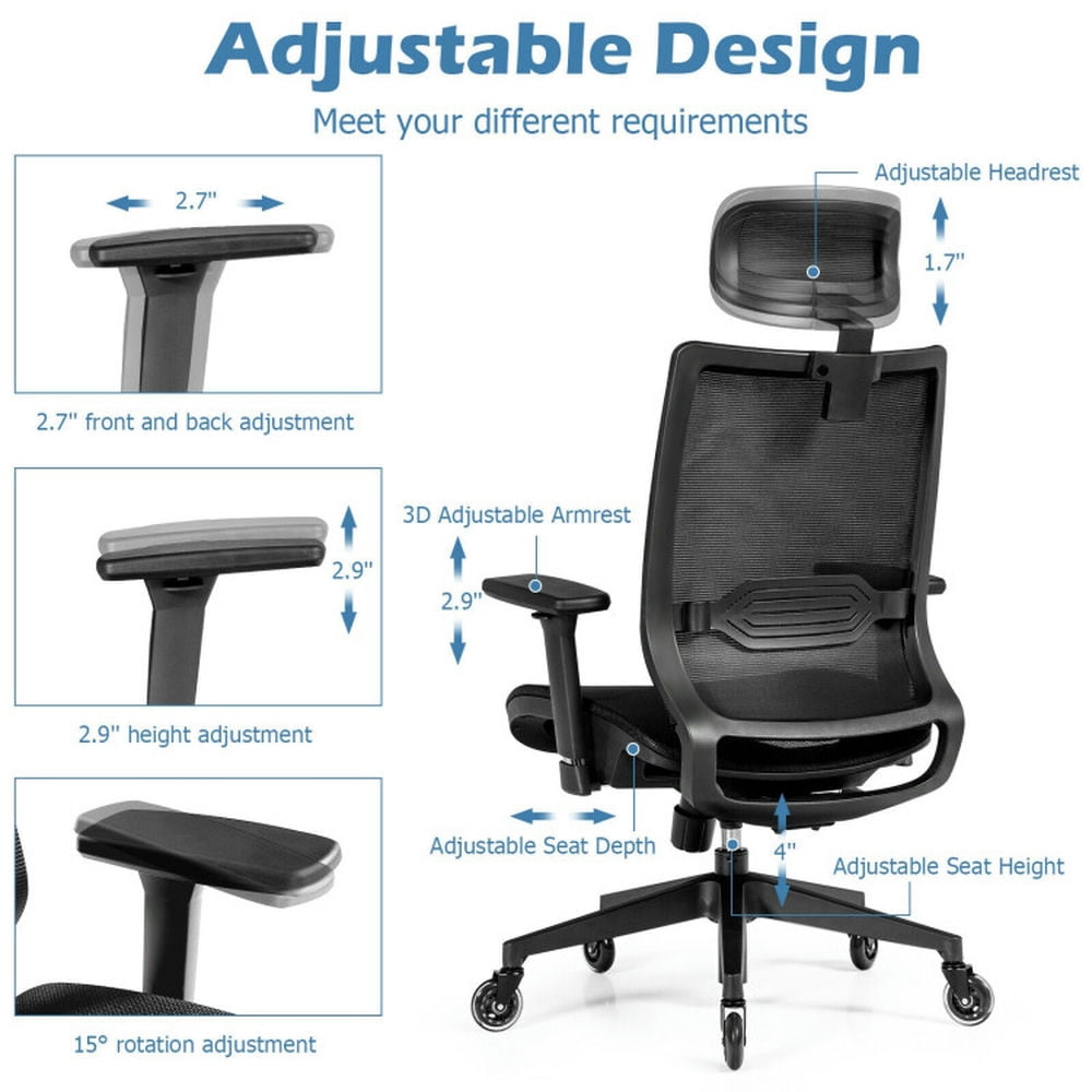 Demi Bonn Adjustable Mesh Office Computer Desk Chair with Sliding Seat and Lumbar Support for Home, Bedroom, Study, Black