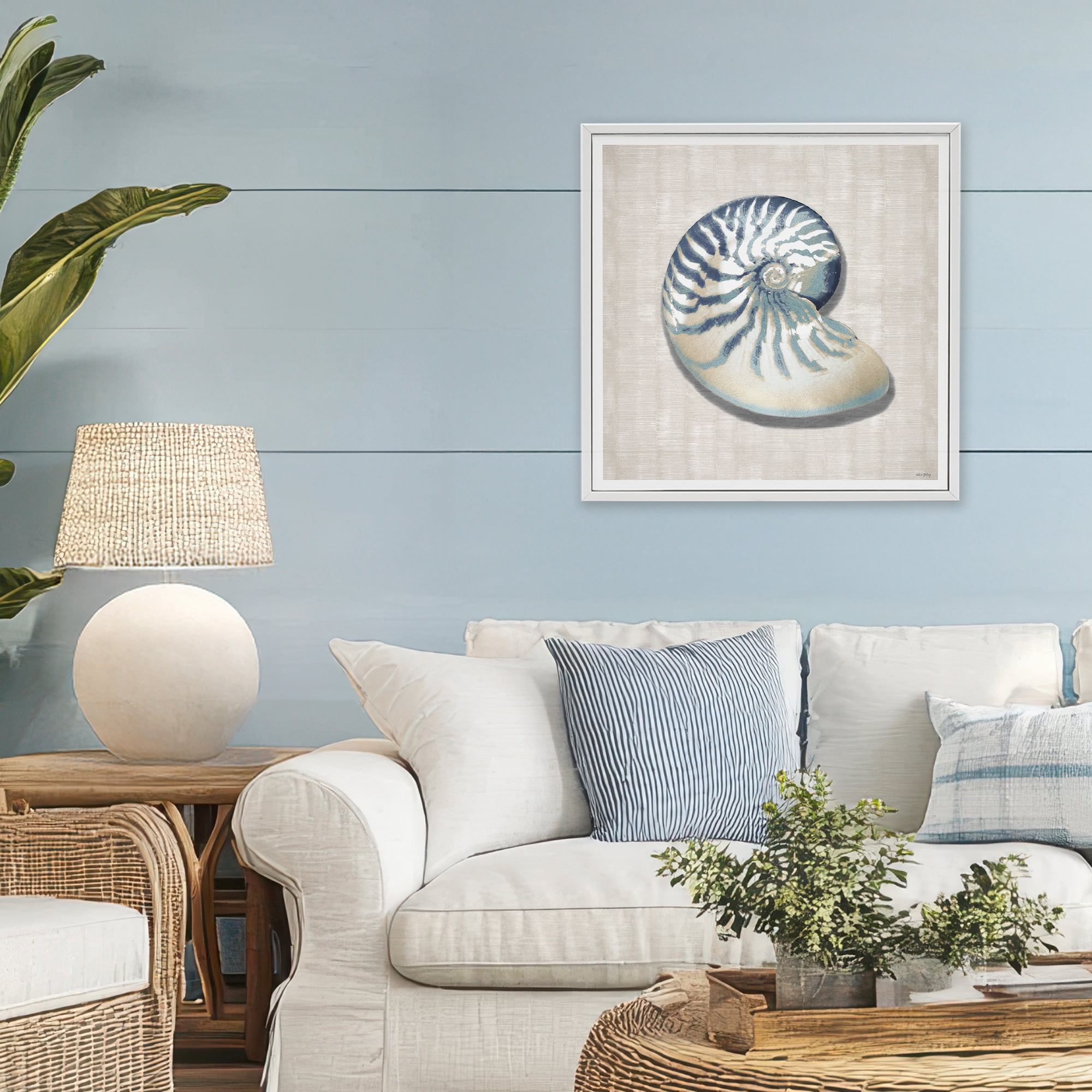 Stupell Industries Nautilus Shell in Misty Blue White Framed Giclee Art, design by Amber Sterling